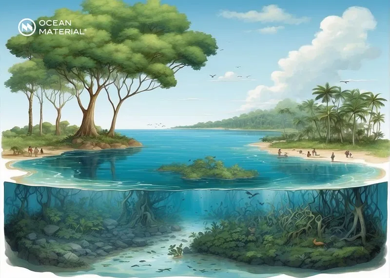 红树林、海草床与海水组成的沿海蓝碳生态系统示意图