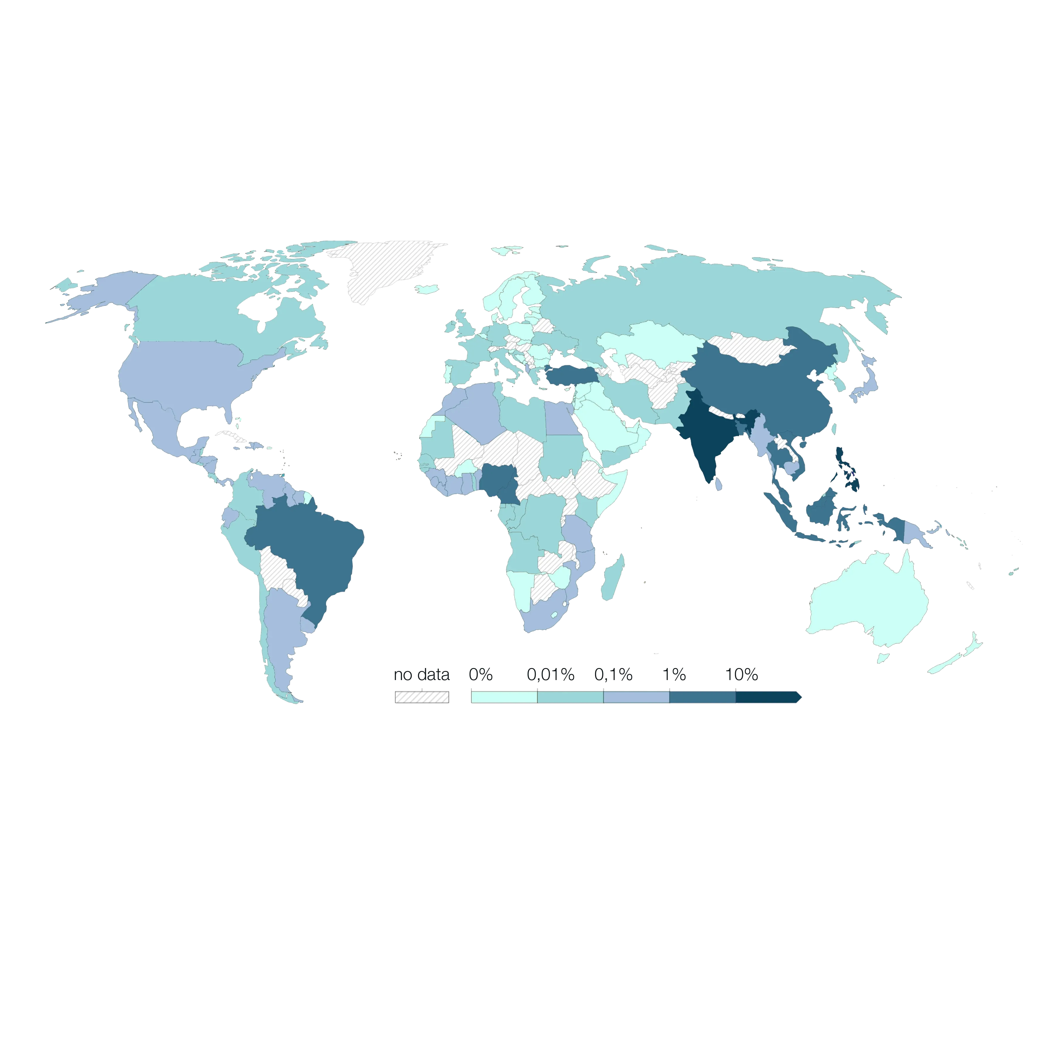 World map with a colour scale for countries' estimated share of global plastic waste emitted to the ocean