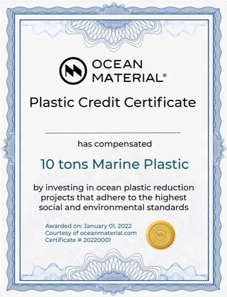 依据Ocean Material自有Plastic Credit标准颁发的历史证书