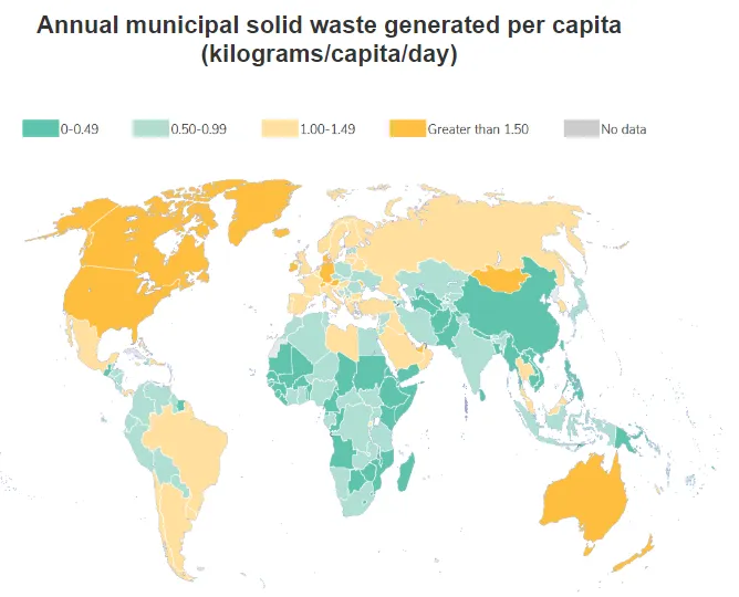 各国每年人均城市固体废弃物产生量地图