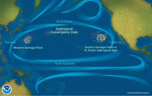 Map showing the Western and Eastern Great Garbage Patch within the Subtropical Convergence Zone, illustrating major marine plastic debris accumulations. Source: Marine Debris Program, NOAA.
