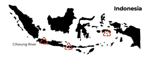 Map of Indonesia highlighting the Marine Debris Program regions including Banda Island, South Lombok, and the Ciliwung River