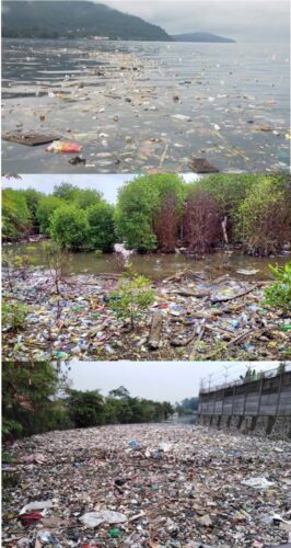 Three photos showing severe ocean and river pollution with plastic waste in Indonesia