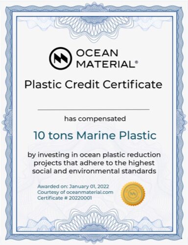 Certificate for 10 tons of marine plastic compensation via Ocean Material Plastic Credits