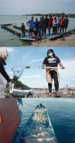 Teams of the Marine Debris Program in Indonesia collecting marine plastic with boats and nets