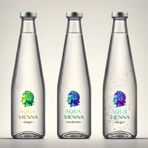 Aqua Vienna collection – sparkling and still alpine water bottles with colorful Mozart-inspired logo