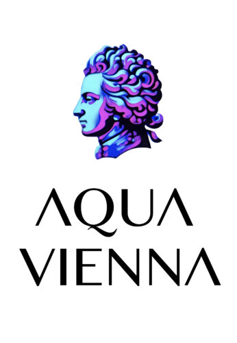 Aqua Vienna logo – stylized Mozart head in gradient colors above modern serif text