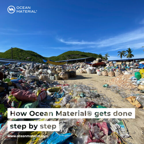 Collection point for plastic waste in a rural coastal area in the Philippines, showing the starting point of Ocean Material®’s certified supply chain – with the text: “How Ocean Material® gets done step by step”.