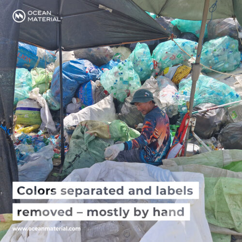Local workers manually separate plastic bottles by color and remove labels at a recycling collection site. Visible text overlay reads: “Colors separated and labels removed – mostly by hand”.