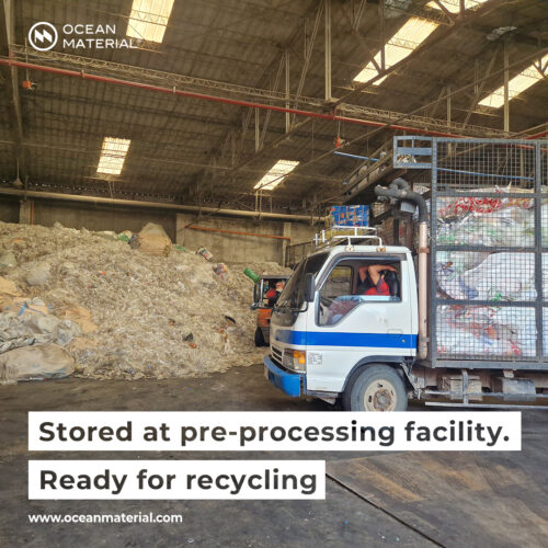 A truck delivers sorted plastic to a pre-processing facility for storage and recycling. Visible text overlay reads: “Stored at pre-processing facility. Ready for recycling”.