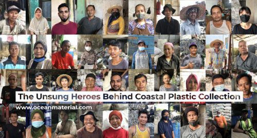 Collage of waste collectors and local community members involved in coastal plastic recovery. Text overlay reads: “The Unsung Heroes Behind Coastal Plastic Collection”.